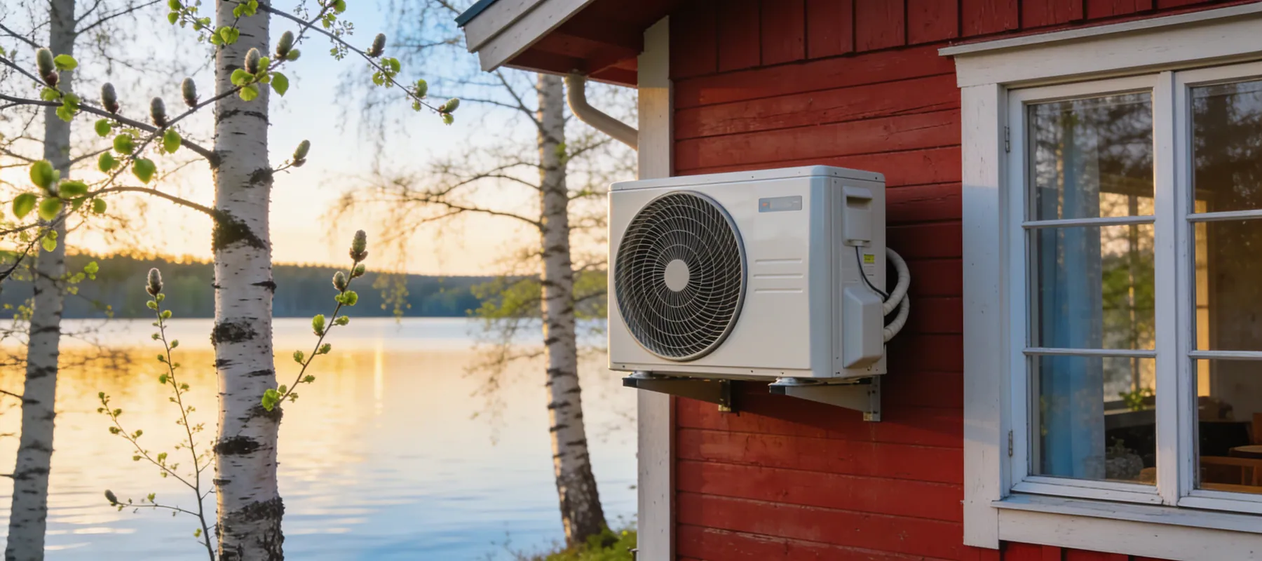 Ilmalämpöpumppu punaisen talon seinällä järven rannalla